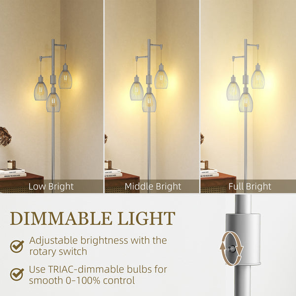 Industrial floor lamp with 3 hanging lampshades, silver