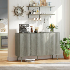Modern light gray buffet with fluted drawers and adjustable shelves