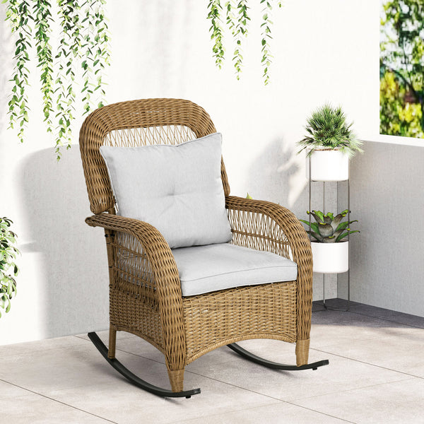 Rattan rocking chair with cushion, light grey