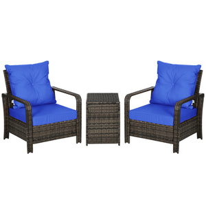 3 Piece Wicker Garden Furniture Set with Storage Coffee Table and Thick Cushions, Balcony, Blue