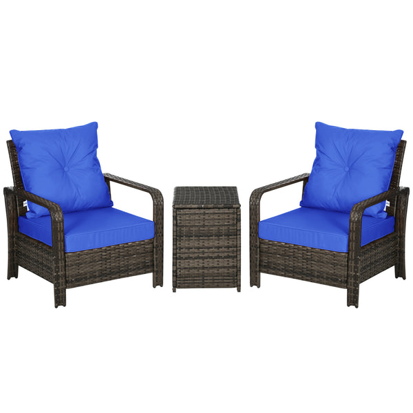 3 Piece Wicker Garden Furniture Set with Storage Coffee Table and Thick Cushions, Balcony, Blue