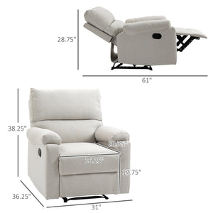 Manual recliner chair with footrest and upholstered seat, cream white