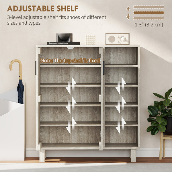 Shoe storage unit with double doors and open shelves, 17 pairs, light grey