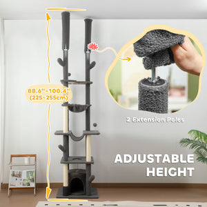 Cat tree 226-254 cm, ceiling height with scratching posts, grooming brush and niche, gray