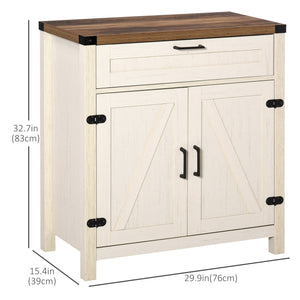 Farmhouse style kitchen sideboard with 2 rustic barn doors and one drawer, white