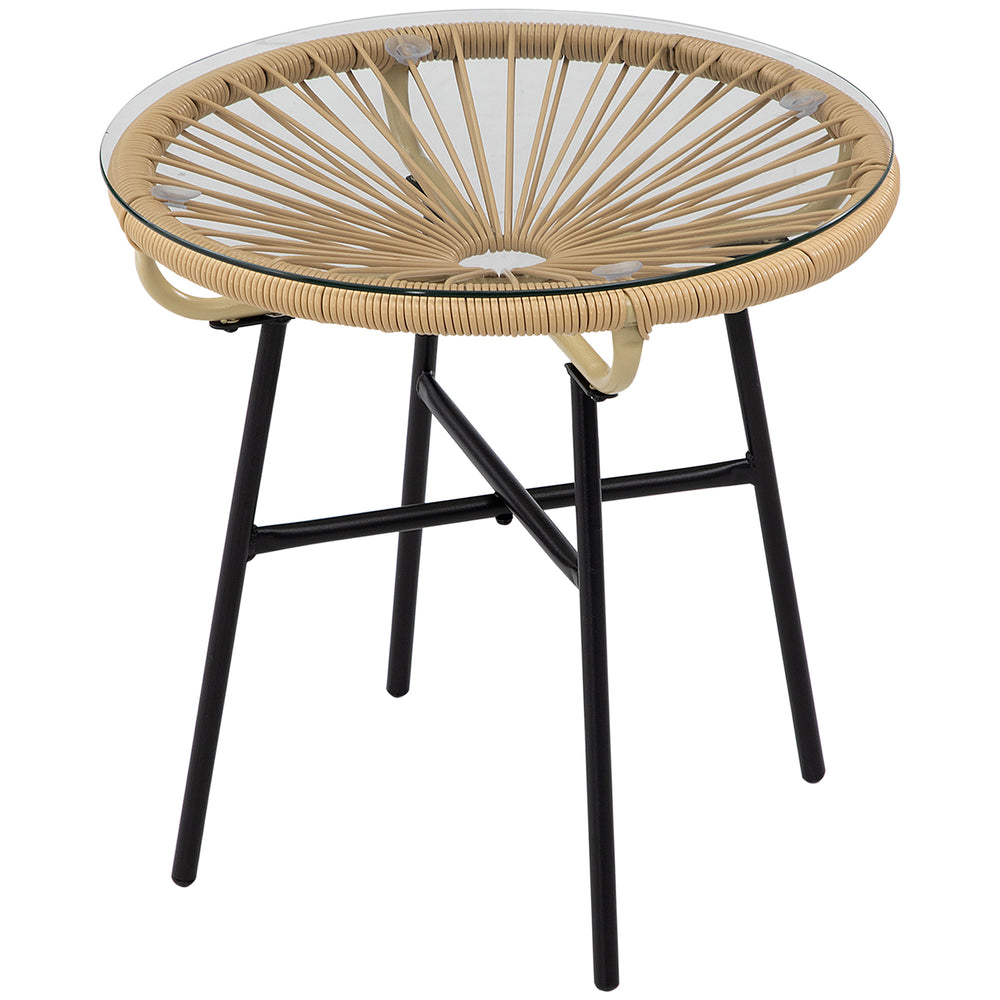 Rattan Side Table, Round Outdoor Table, with Round PE Rattan and Tempered Glass Table Top for Patio, Garden, Beige