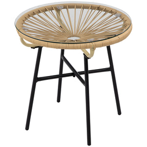 Rattan Side Table, Round Outdoor Table, with Round PE Rattan and Tempered Glass Table Top for Patio, Garden, Beige