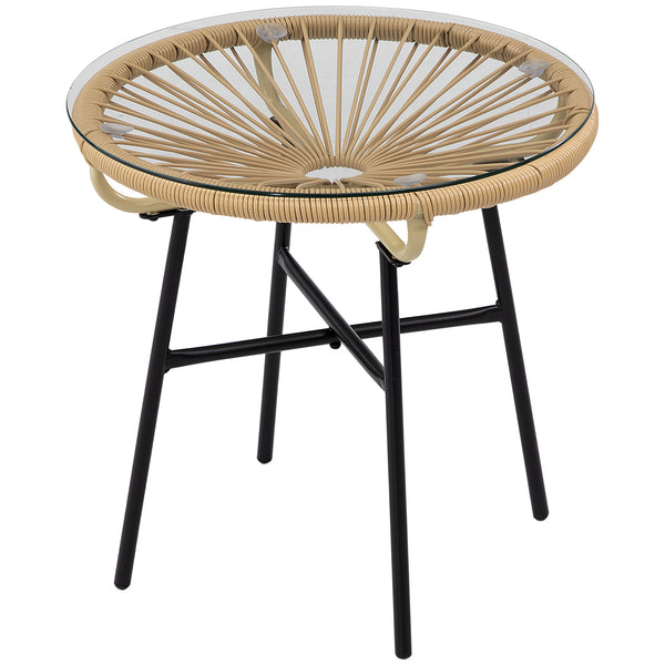 Rattan Side Table, Round Outdoor Table, with Round PE Rattan and Tempered Glass Table Top for Patio, Garden, Beige