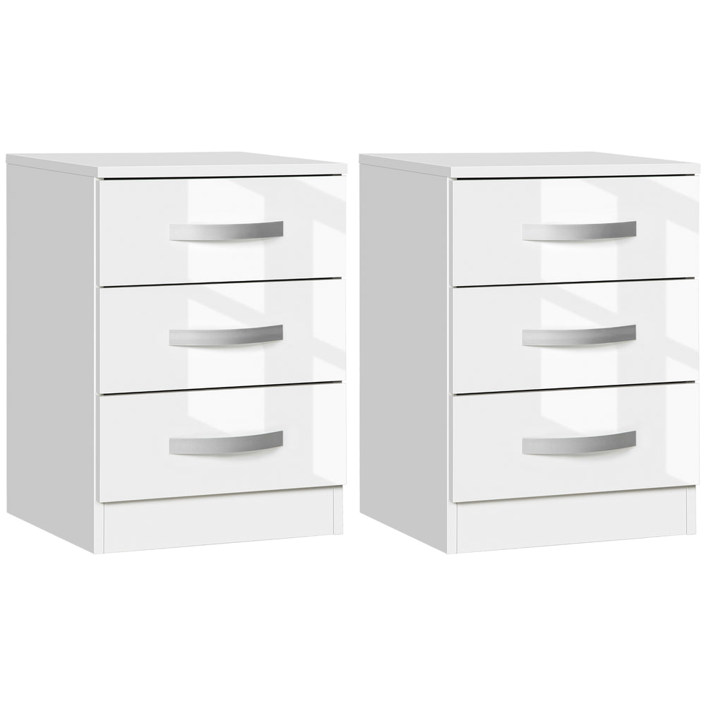 Set of 2 modern bedside tables with 3 drawers, high gloss, white