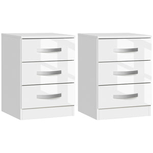 Set of 2 modern bedside tables with 3 drawers, high gloss, white