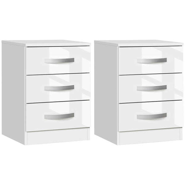 Set of 2 modern bedside tables with 3 drawers, high gloss, white