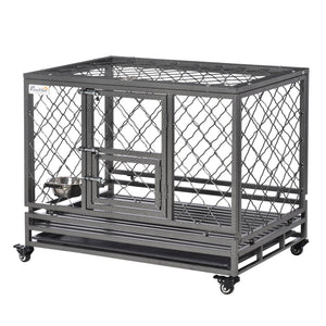 Robust cage with wheels, opening lid, removable tray and bowl