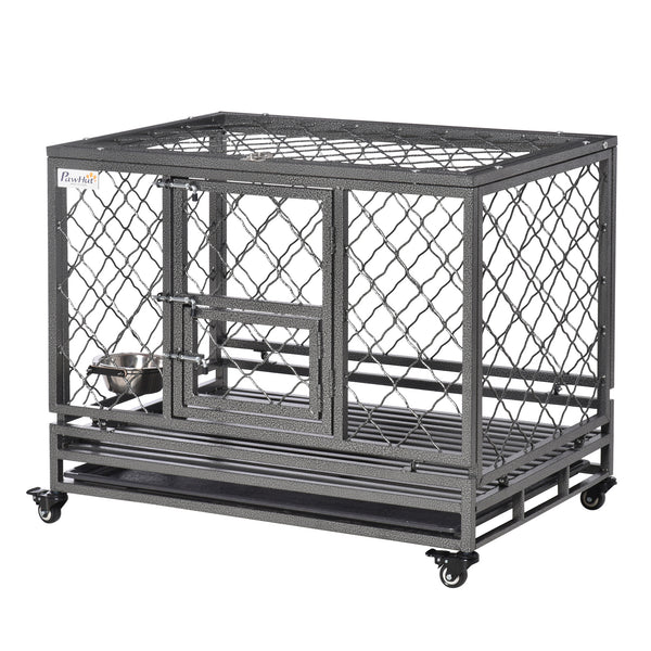 Robust cage with wheels, opening lid, removable tray and bowl