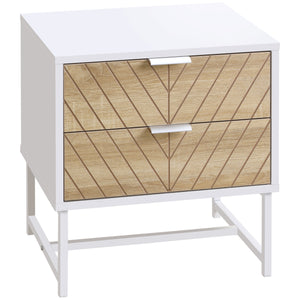 Modern bedside table with 2 drawers and steel structure, white and oak