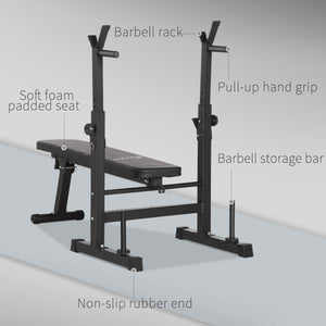 Adjustable, foldable weight bench with dumbbell rack and dip station, black.