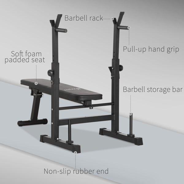 Adjustable, foldable weight bench with dumbbell rack and dip station, black.