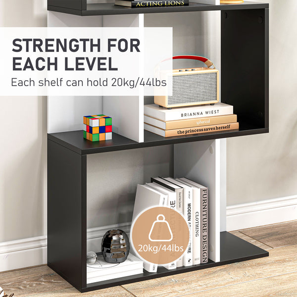 Modern 5-tier bookcase with divider, black and white