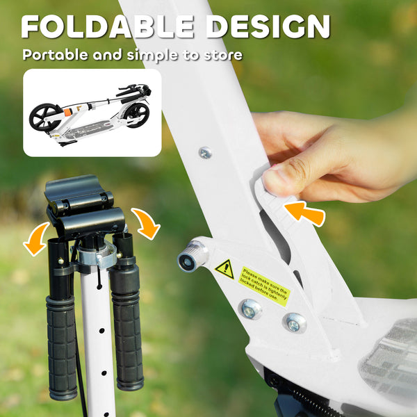 Foldable scooter, 4 adjustable heights, double brake and shock absorption, white