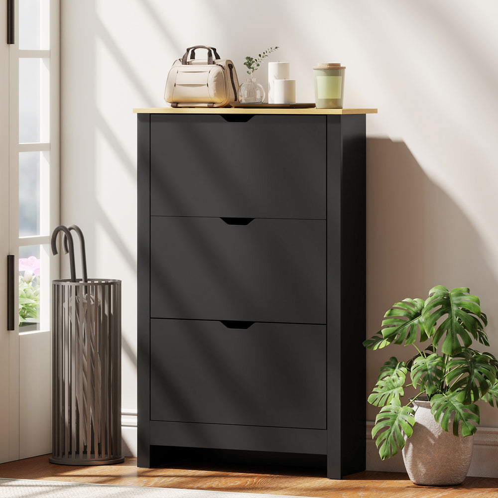 Shoe cabinet with 3 hinged drawers and adjustable shelves for 12 to 18 pairs of shoes, black