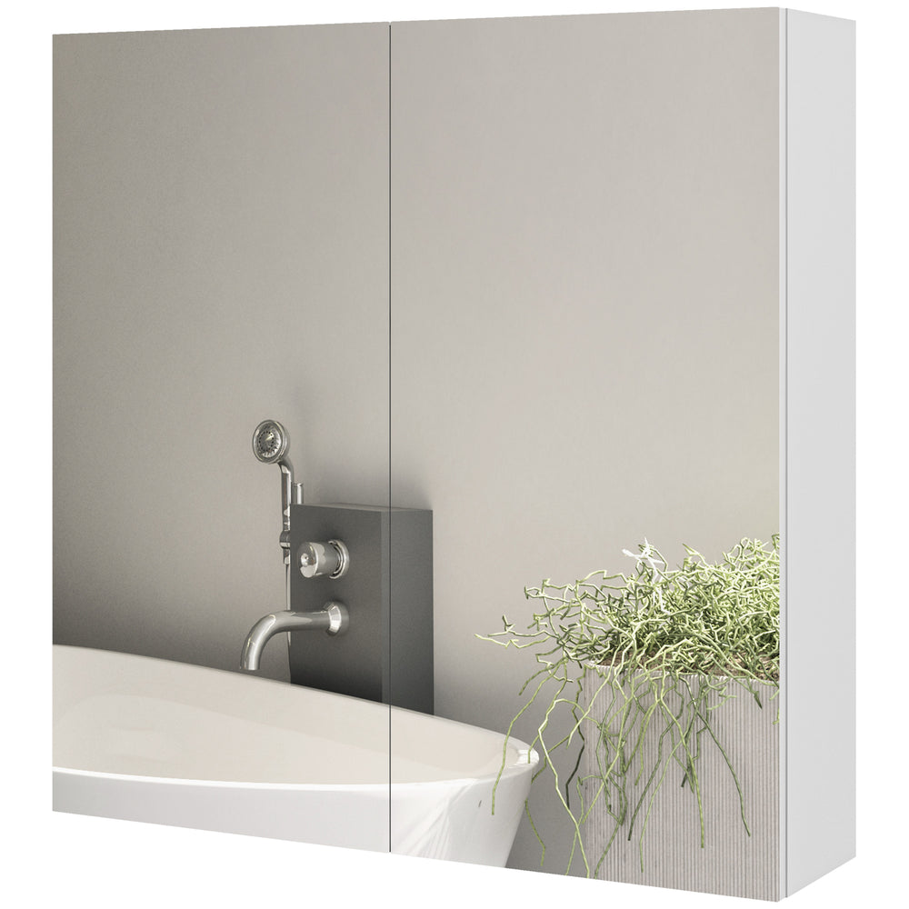 Wall-mounted medicine cabinet with mirrored doors, adjustable shelves, and soft-close mechanism, glossy white
