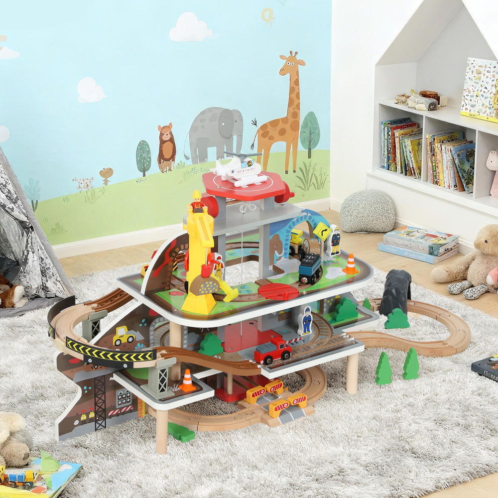 79-piece wooden mine-themed train set with crane, helicopter, tracks and accessories, for boys and girls aged 3 and up