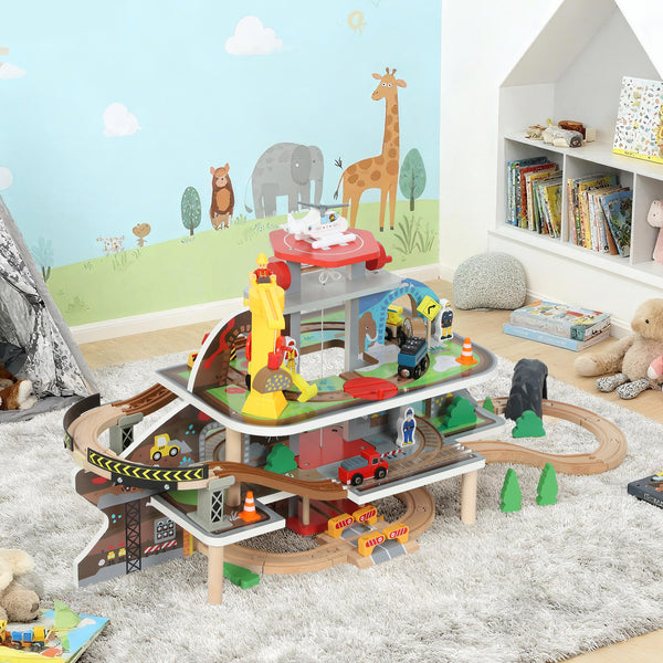 79-piece wooden mine-themed train set with crane, helicopter, tracks and accessories, for boys and girls aged 3 and up