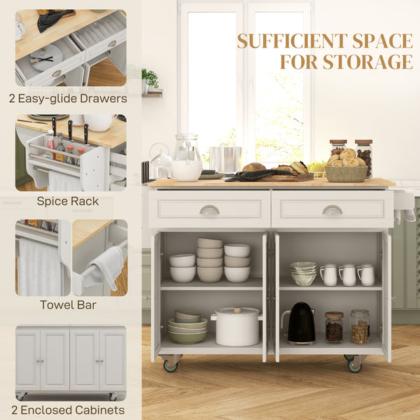 Cream-white mobile kitchen island with fold-down solid wood countertop and storage