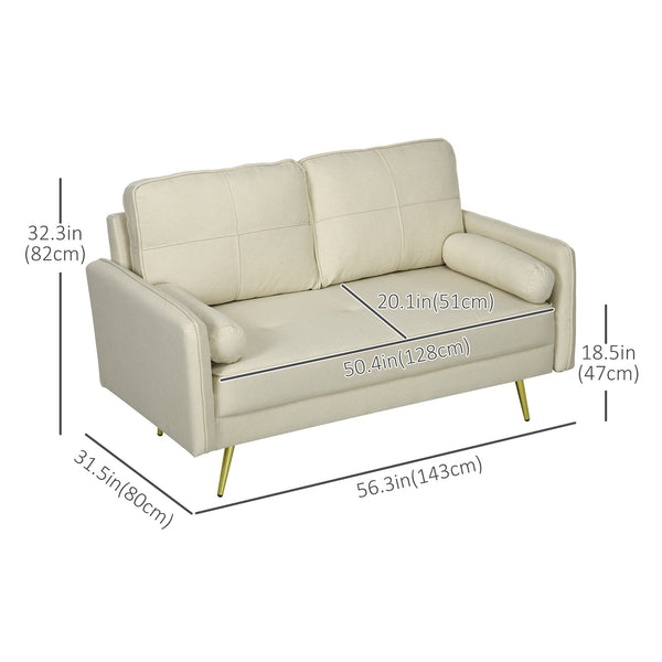 2 seater upholstered sofa with back cushions and pillows, beige