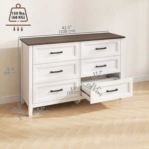 Wide chest of drawers with 6 drawers, storage chest, white
