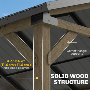 Rigid garden canopy with galvanized steel roof, fir wood frame and central patio hook, black and gray