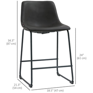 Set of 2 vintage style faux leather bar stools with footrest, dark brown.