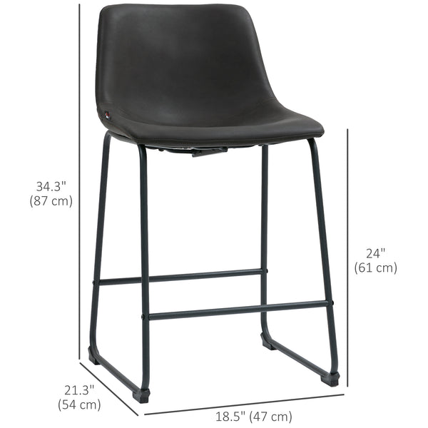 Set of 2 vintage style faux leather bar stools with footrest, dark brown.