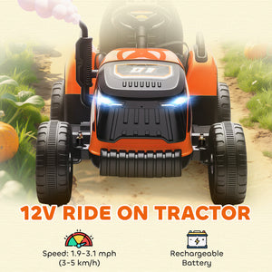 Orange 12V tractor with trailer, remote control, music, lights