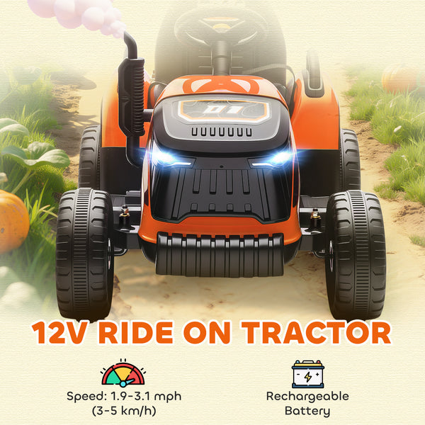 Orange 12V tractor with trailer, remote control, music, lights