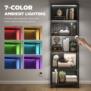 5-tier bookcase with LED lighting and black metal frame.