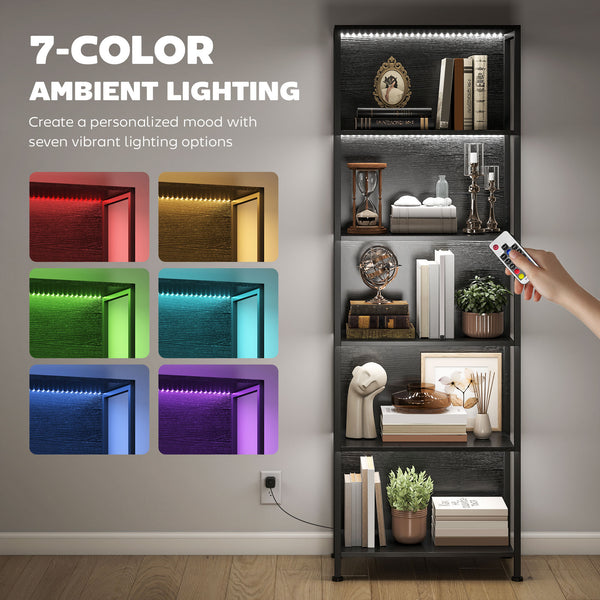 5-tier bookcase with LED lighting and black metal frame.