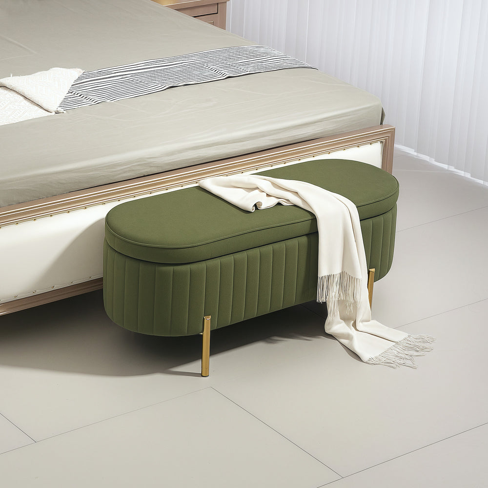 Upholstered tufted bedroom bench with metal legs, dark green