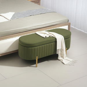Upholstered tufted bedroom bench with metal legs, dark green