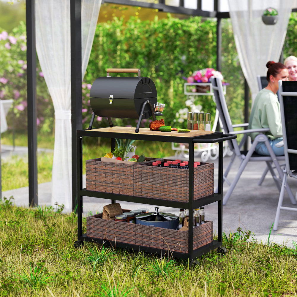 3-tier bar trolley with side handle and removable rattan basket