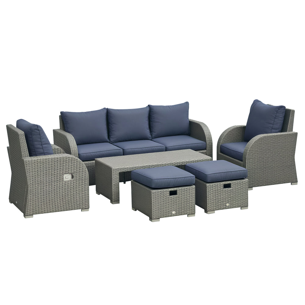 Patio Furniture with Cushions, 6 Pieces PE Wicker Patio Sectional Furniture Conversation Set w/ a Three-Seat Sofa, 2 Recliner Chairs, 2 Footstools & Table, Dark Blue