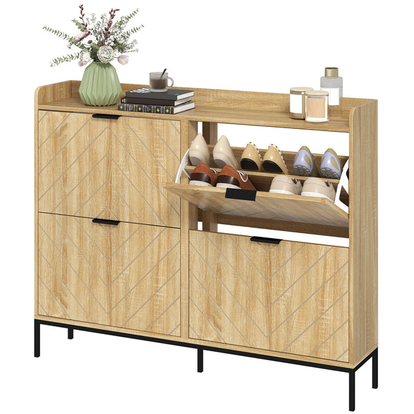 Modern and slim shoe cabinet with 4 drop-down drawers, 16 pairs of shoes, oak