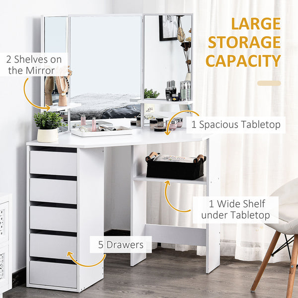 Corner dressing table with 3-piece mirror and 5 drawers, white