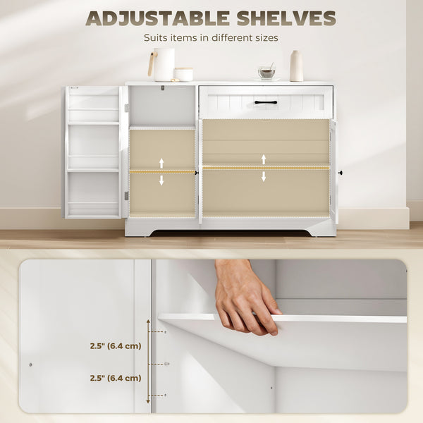 Storage sideboard with drawer, 2 cabinets, adjustable shelves and door storage – White