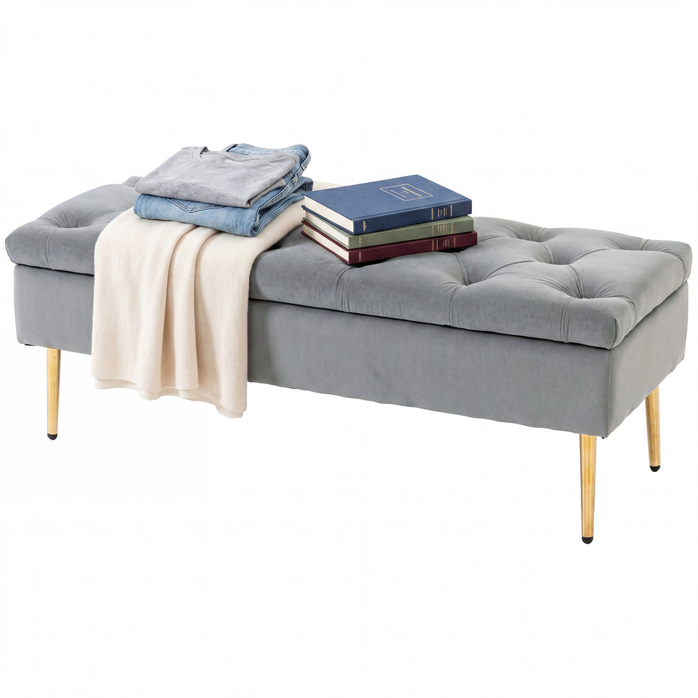 Ottoman storage bench, velvet tufted seat and gold legs – Gray and gold