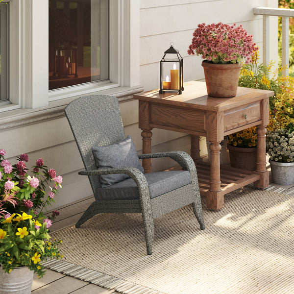 Wicker Adirondack chair with cushions, mottled grey