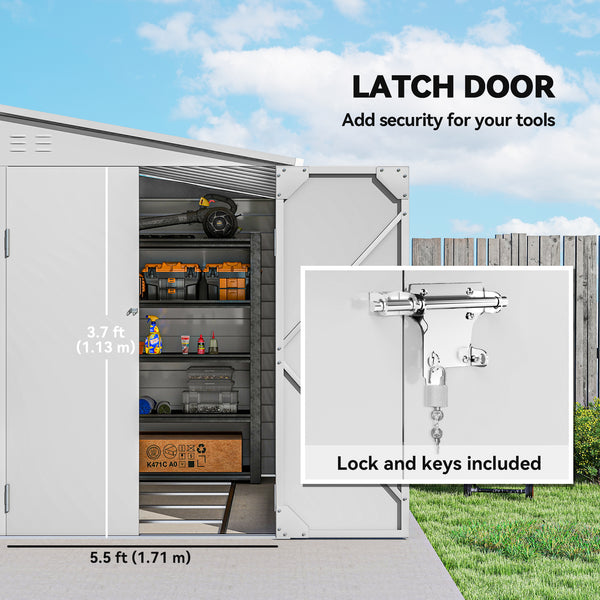 Lean-to steel garden shed with foundation kit, lockable doors and 2 vents, white