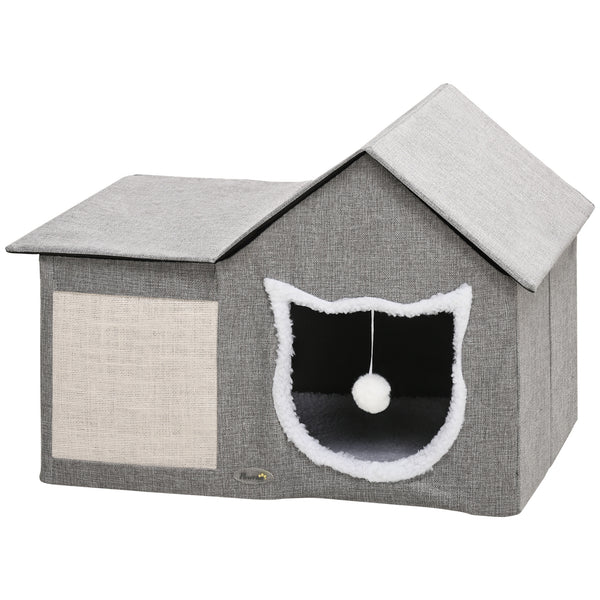Cat house with soft cushion, scratching post, hanging ball and double entrance, grey.