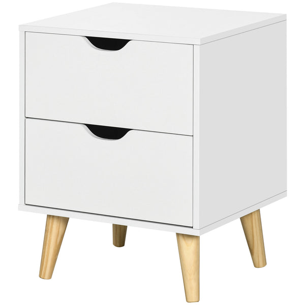 Modern bedside table with 2 drawers and pine legs, white