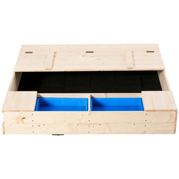 Wooden sandbox with folding bench, 2 plastic trays and bottom liner