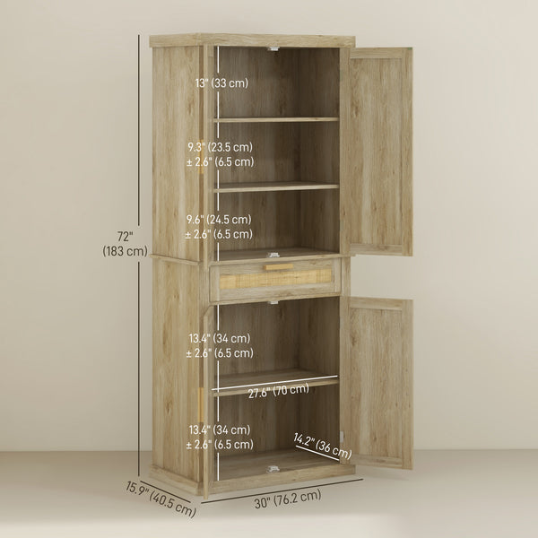 Rattan pantry with 4 doors, drawer, 5-tier shelf, adjustable shelves, oak color